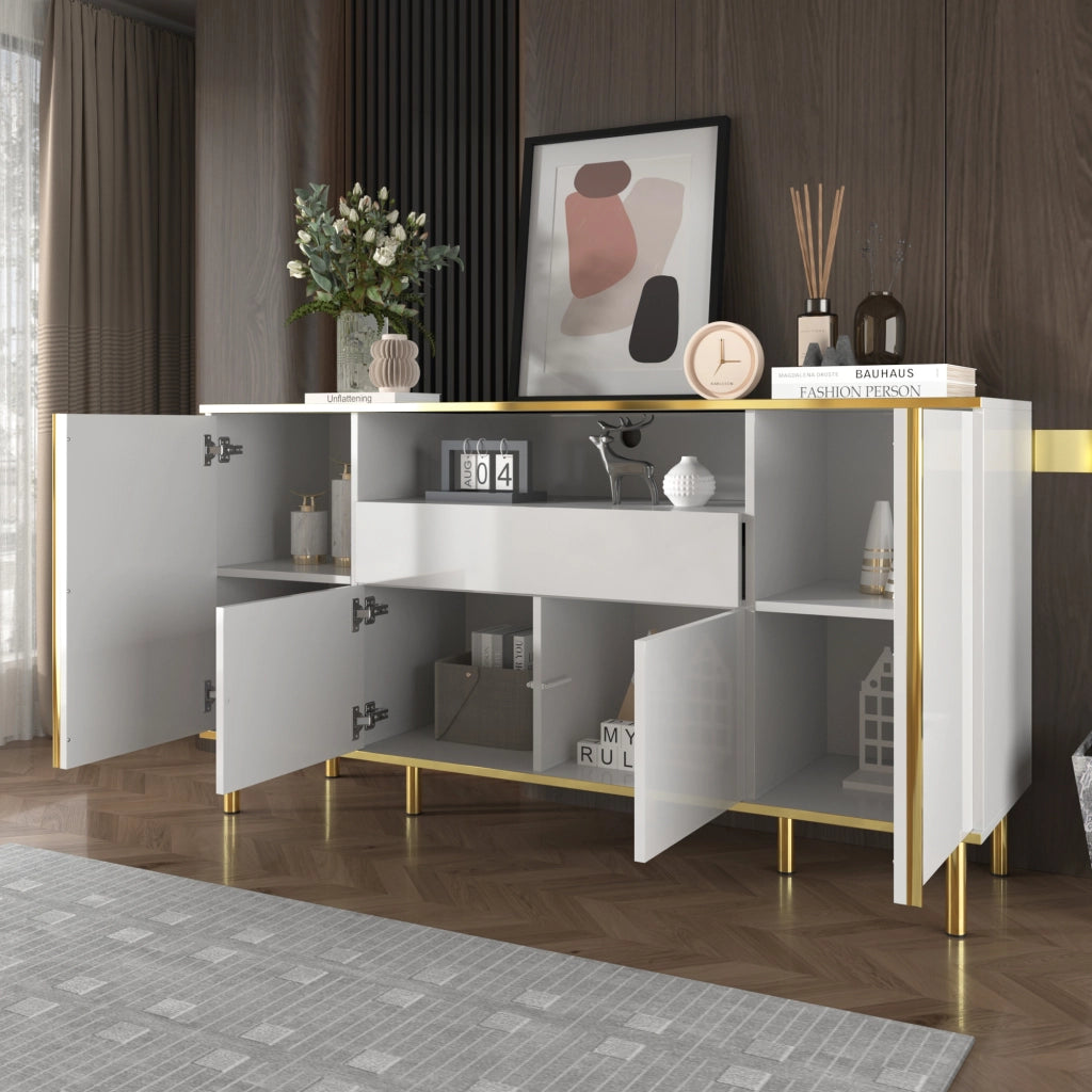 Credenza con 4 Ante e 1 Cassetto; LED; Finitura Lucida; Stile Moderno; per Soggiorno; in MDF; 150??40??80 cm; Bianco