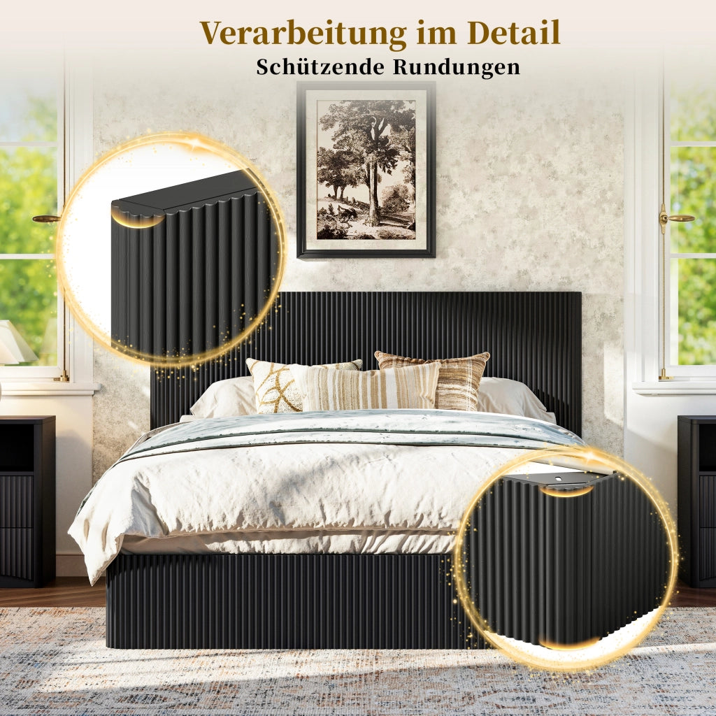 Letto contenitore 160 × 200 cm con sollevamento idraulico, grande vano, testiera a rilievo, senza materasso, nero