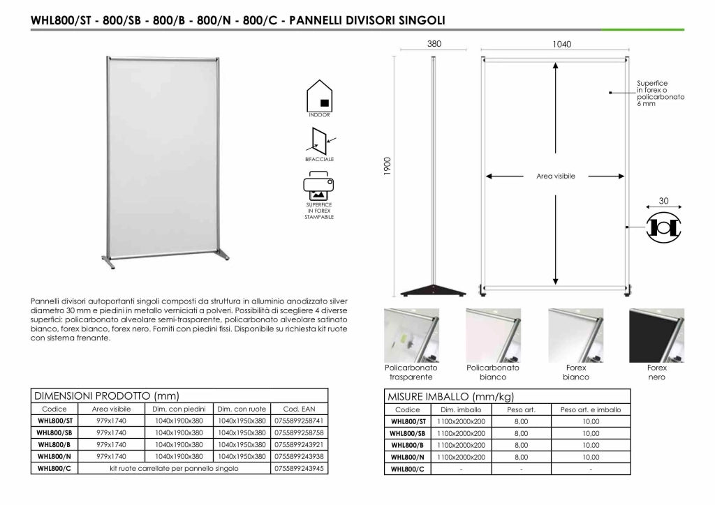 Pannello divisorio singolo in Policarbonato 100 x 190 - Bianco Satinato
