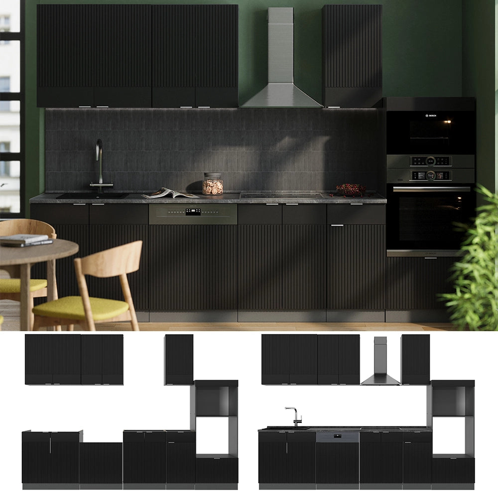 Cucina componibile Fame-Line Nero rigato/Antracite 300 cm con armadio alto, PL Marmo Vicco