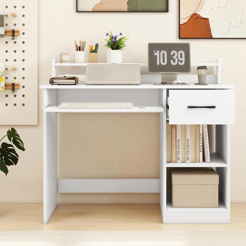 Scrivania per Computer con 2 Prese di Corrente e Prese USB, Scrivania Salvaspazio con Cassetto e Ripiano Estraibile per Tastiera e Ripiano Regolabile,105 x 55 x 89 cm, Bianco
