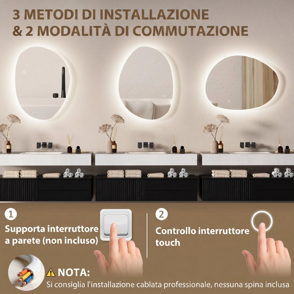 Specchio da Bagno LED con Luce Regolabile ¨C Xylo ¨C Vetro Temperato Argento 70x50 cm