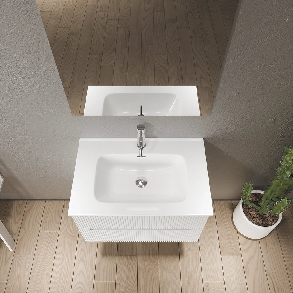Mobile bagno sospeso 90cm cannettato bianco opaco con lavabo in ceramica e specchio | Kaindy