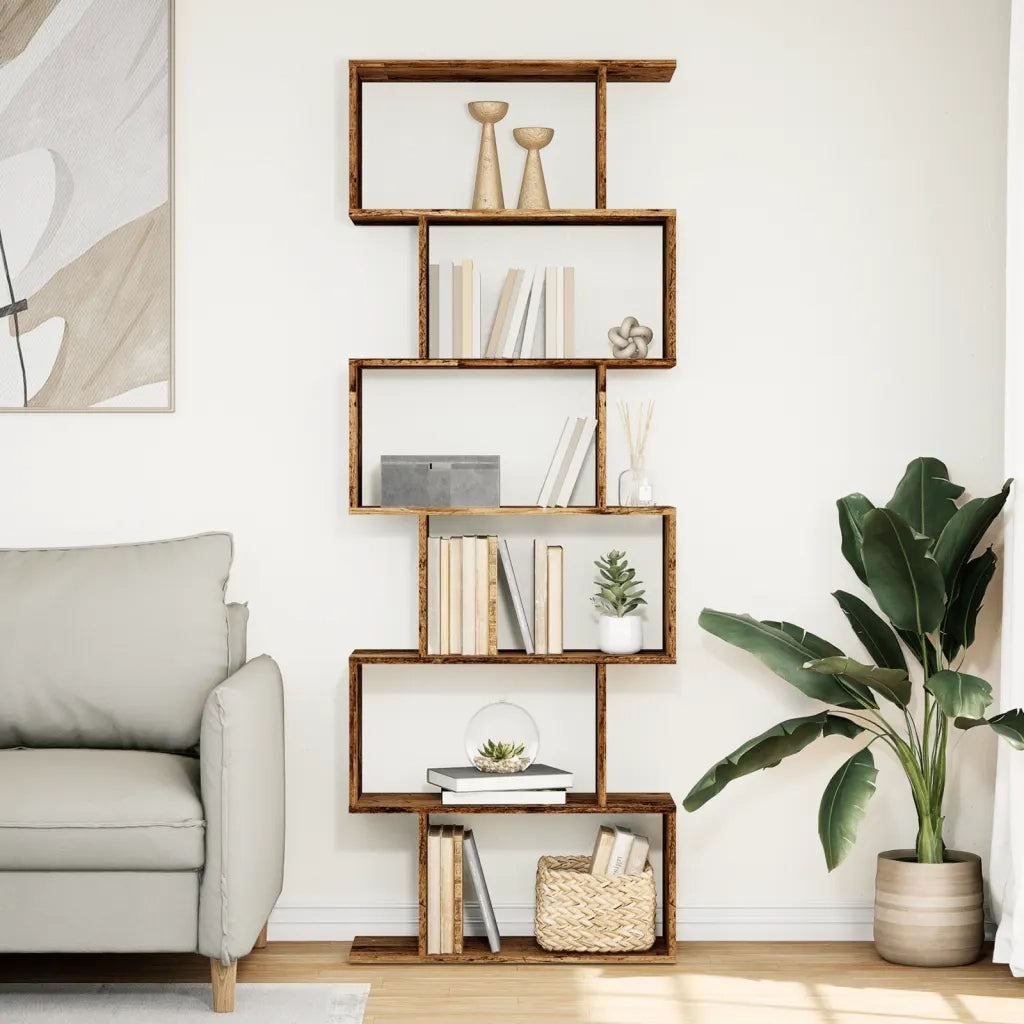 Libreria Divisorio 6 Ripiani-Scaffale per Libri-Mobile di Stoccaggio Legno Antico 70x24x193cm Truciolato