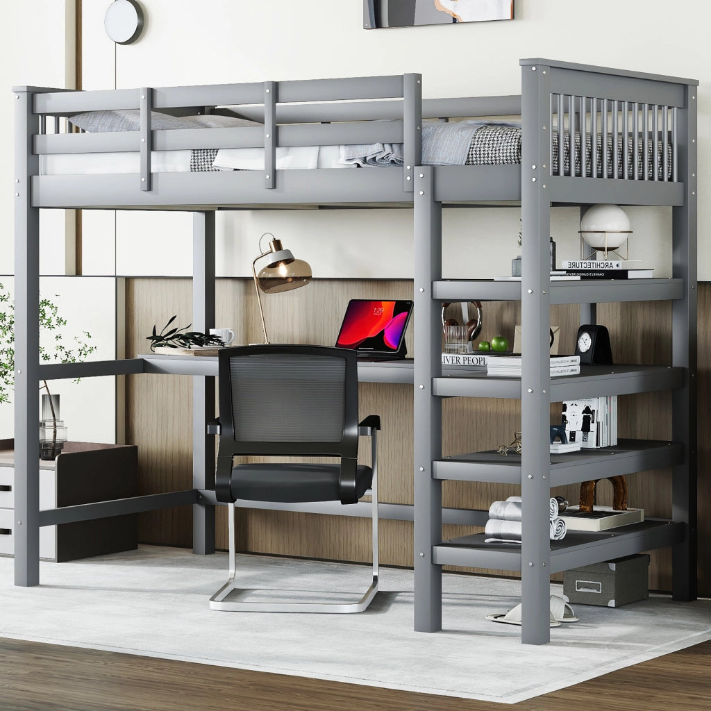 Letto a castello grigio con scrivania e scomparti in pino 90x200 cm