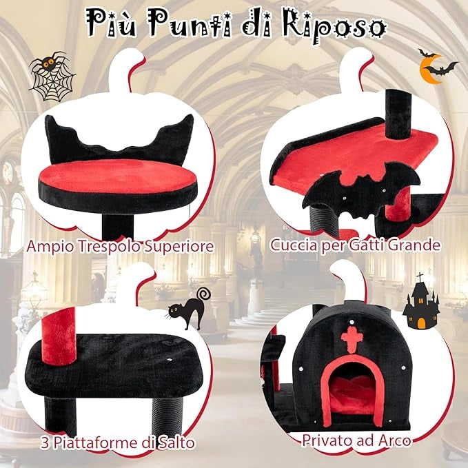Albero per Gatti Gotico, Tiragraffi con Letto per Gatti, Condominio ad Arco, Pali, Pompom e Palline a Molla, Cat Tree di Halloween a 6 Livelli