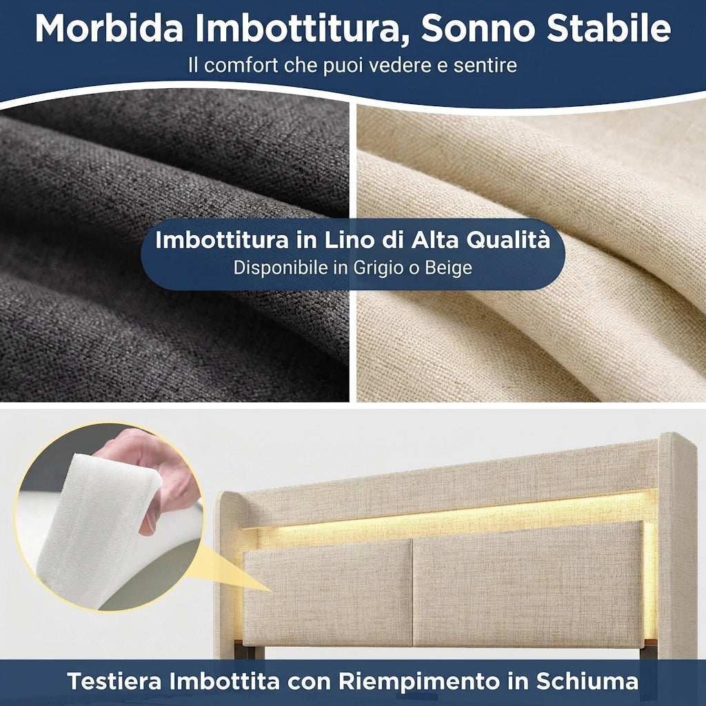 Letto Matrimoniale 160x200 con Contenitore; Testiera LED e Prese USB; Letto Imbottito in Lino Beige