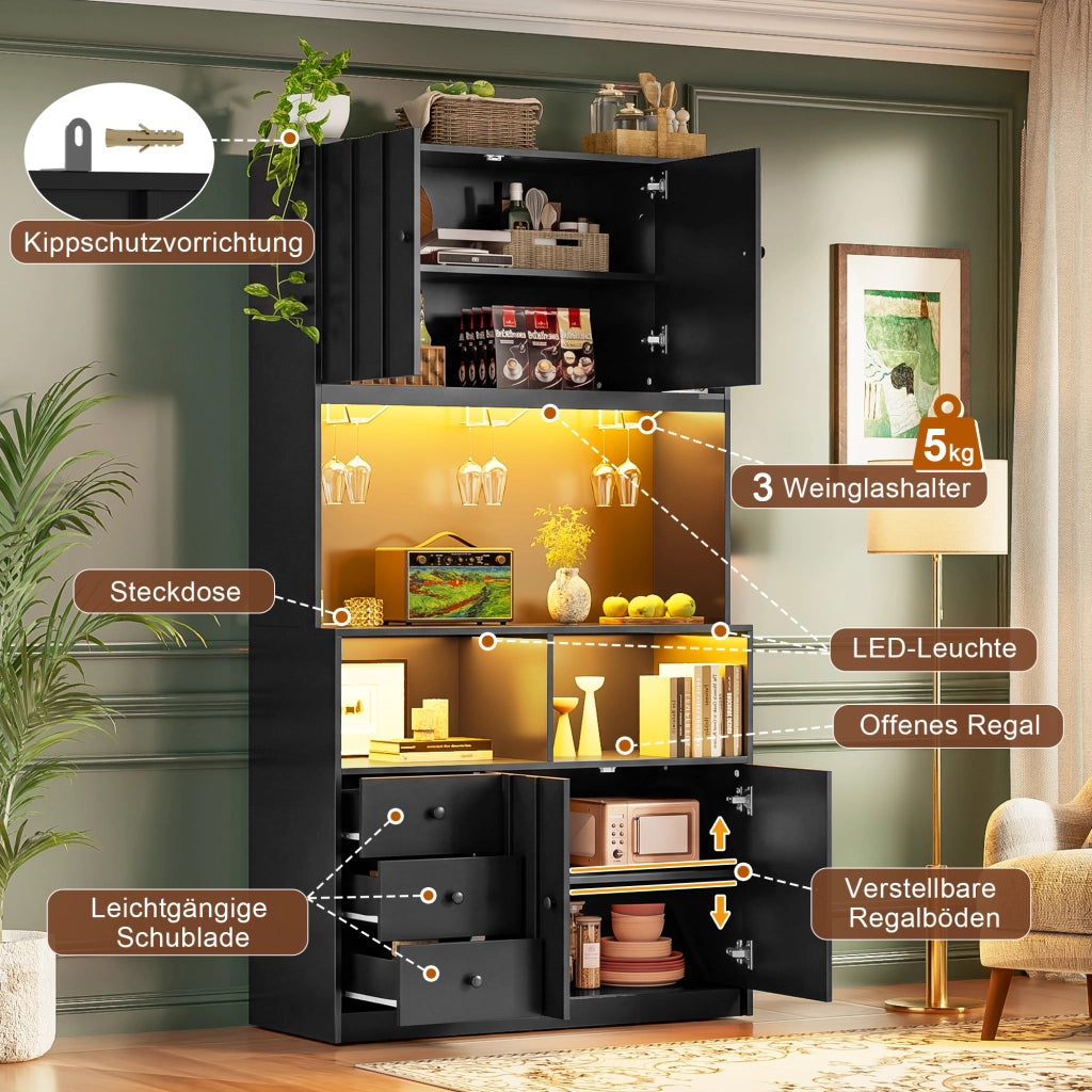 ARMADIO CUCINA 180 cm con LED, prese USB/AC, MDF nero