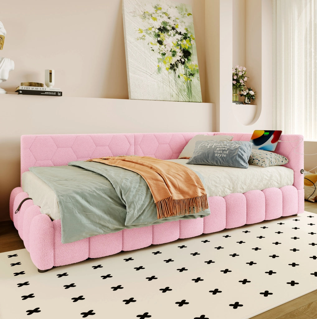 Letto da giorno 90x200 cm con rete a doghe; sollevamento idraulico; LED; USB e Tipo-C; rosa