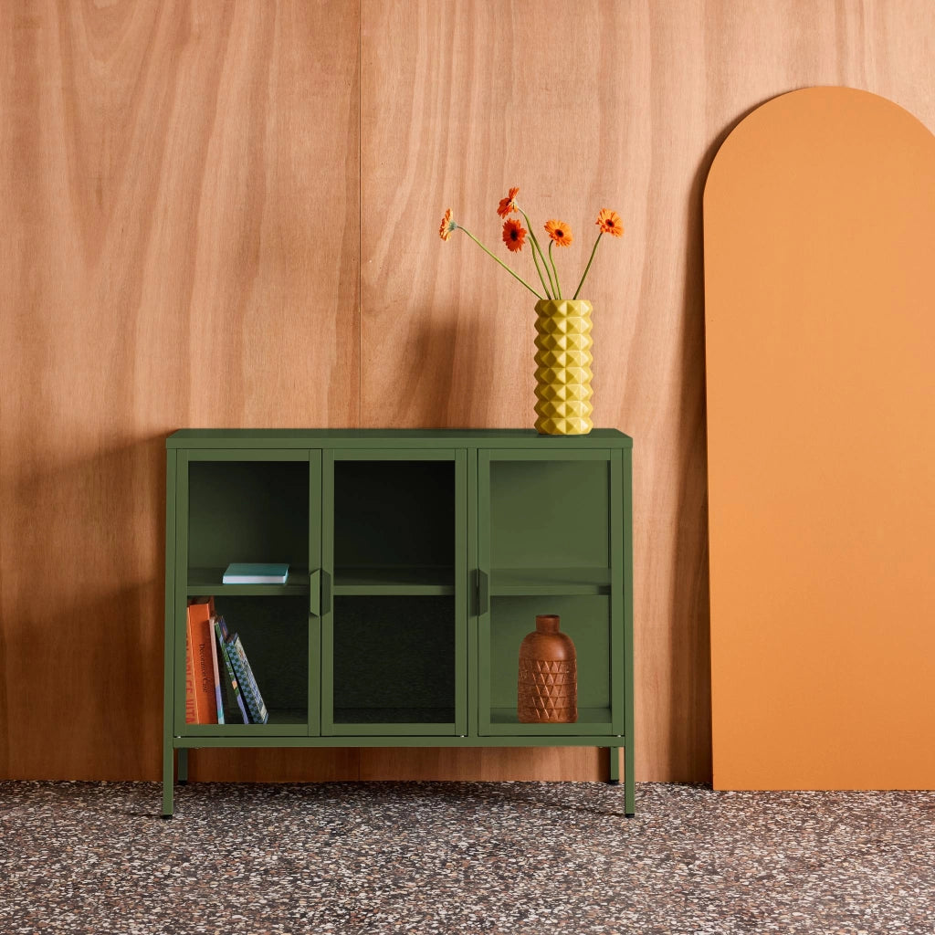 Credenza industriale in metallo e vetro temperato 3 ante, 100cm