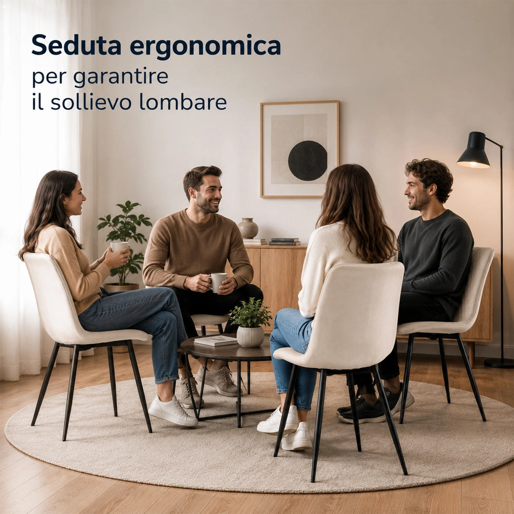 Set 4 Sedie Beige con Rivestimento in Velluto e Piedi Neri Seduta Ergonomica