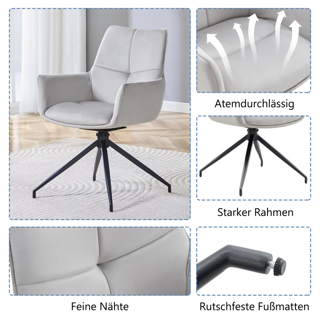 SEDIA Girevole 360° 85 cm Tessuto Grigio Chiaro e Metallo Nero