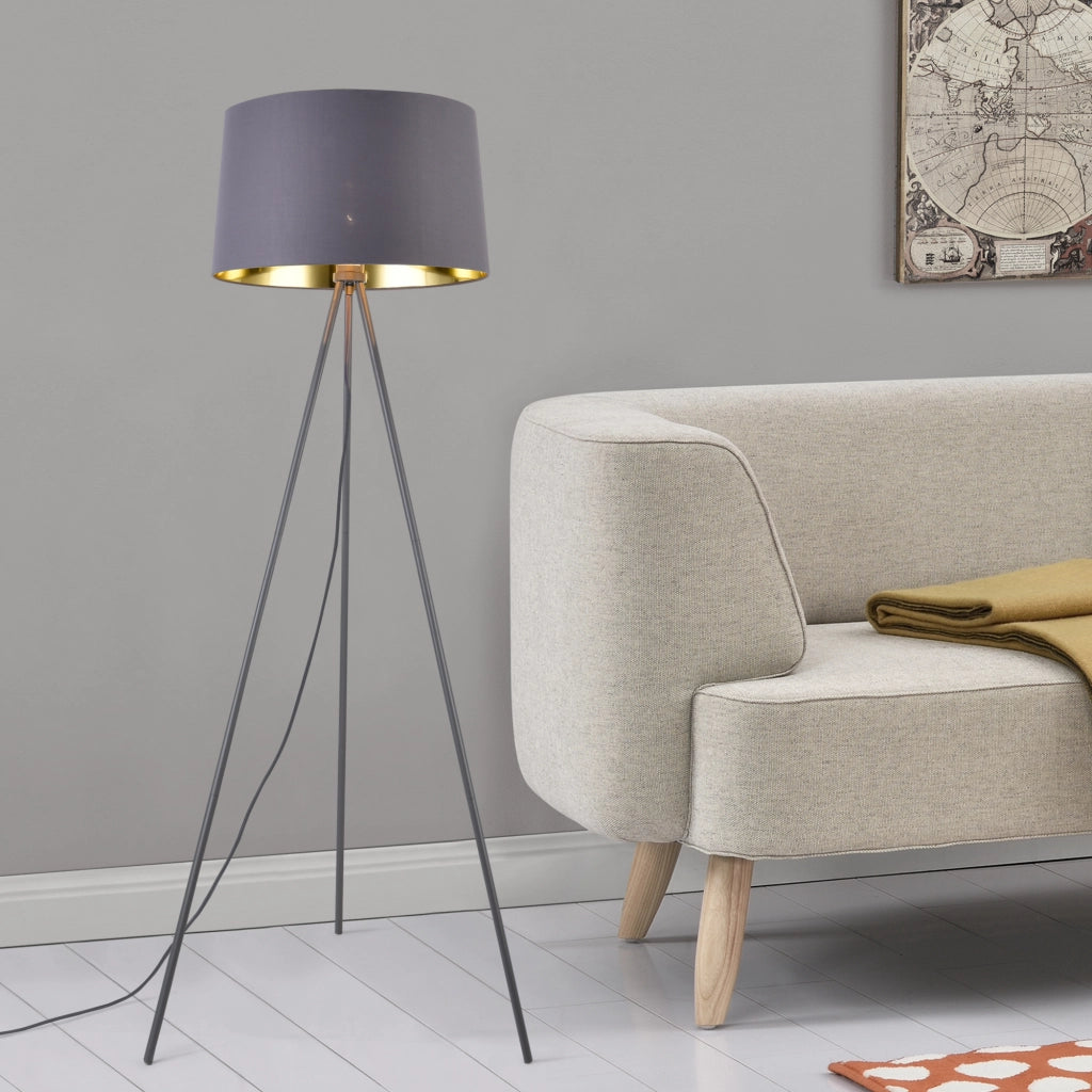 Lampada da Terra in Stile Treppiedi Alta 150 cm Piantana Tripode con Base in Metallo e Paralume Conico in Tessuto - Grigio - lux.pro