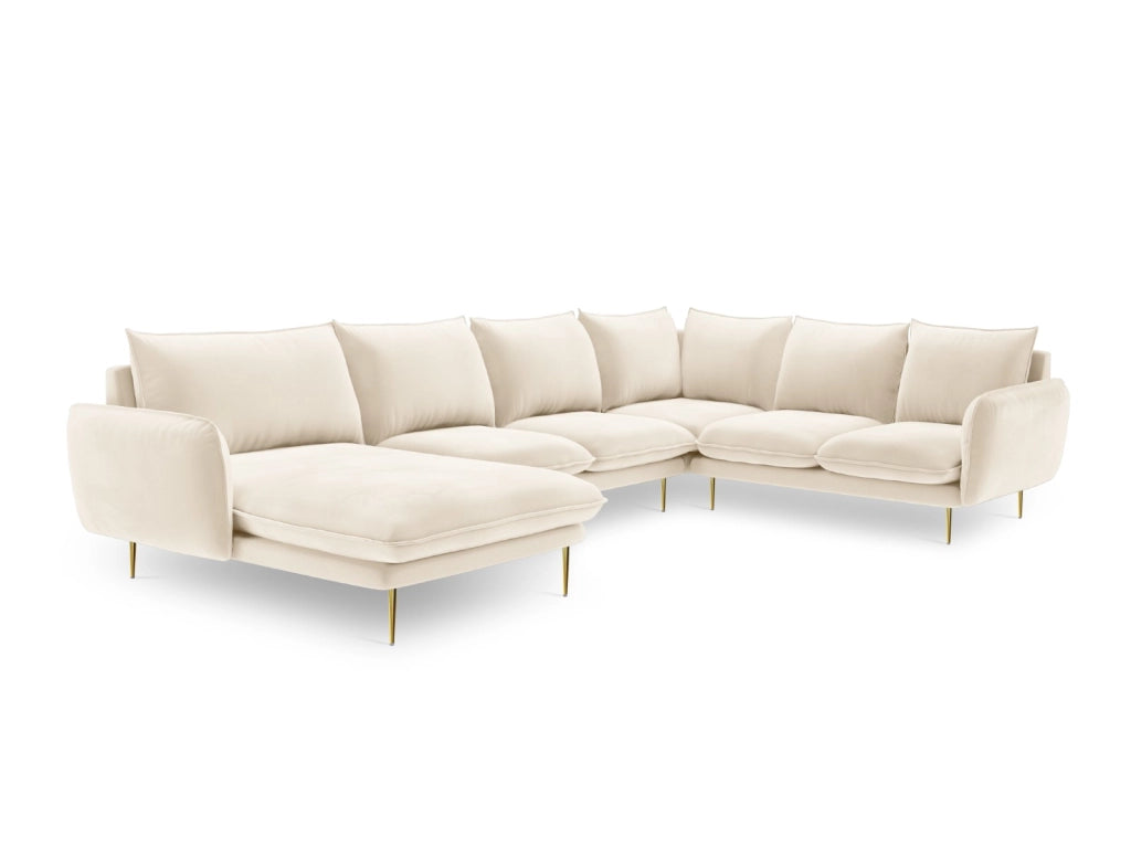 Cosmopolitan Design - Divano panoramico destro "Vienna" 7 posti in velluto beige chiaro 