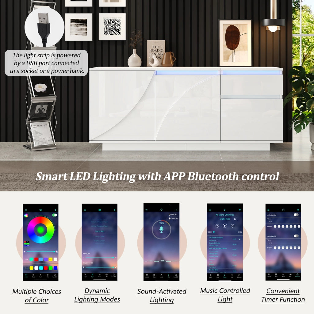 Credenza con 3 ante; 1 cassetto e LED - per soggiorno - in MDF - 140×40×60 cm - bianco