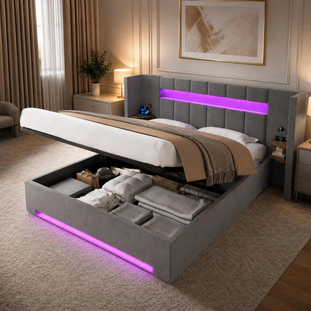 Letto contenitore 180x200 in velluto grigio scuro con LED e USB