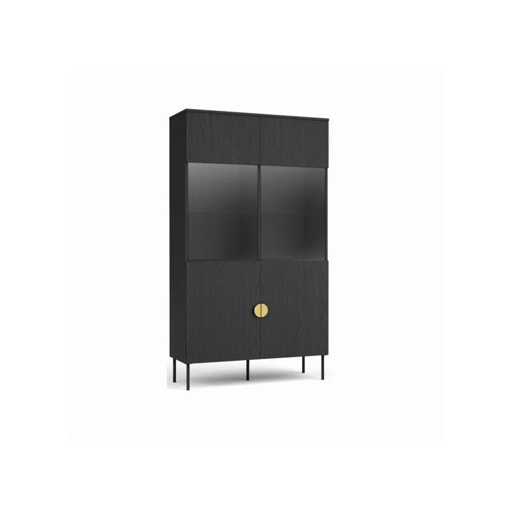 Set mobili soggiorno: Mobile TV, tavolino, credenza, vetrina, nero con maniglie dorate, collezione MONDO