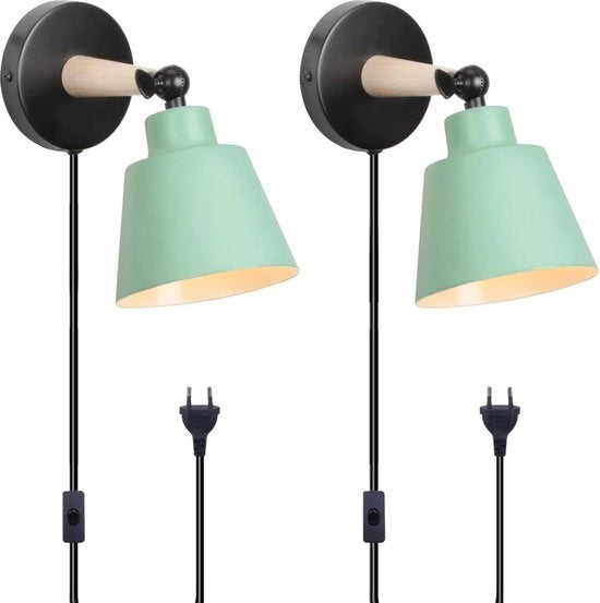 Lampada da parete moderna in metallo e legno - 2 pezzi, decorativa, E27, regolabile, per camera da letto e soggiorno, verde con interruttore a molla