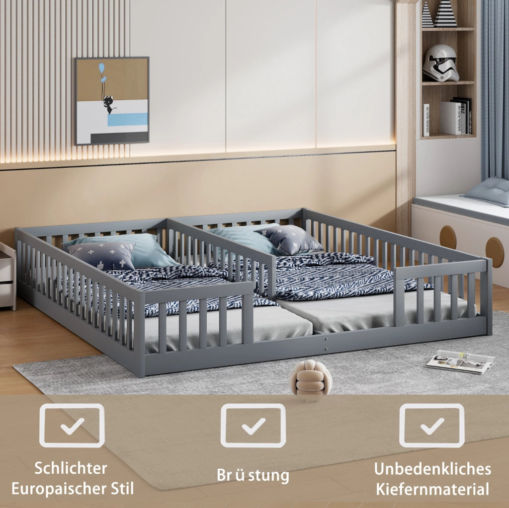 Letto basso per bambini a 2 letti 90x200 cm con sponde; pino e MDF; grigio
