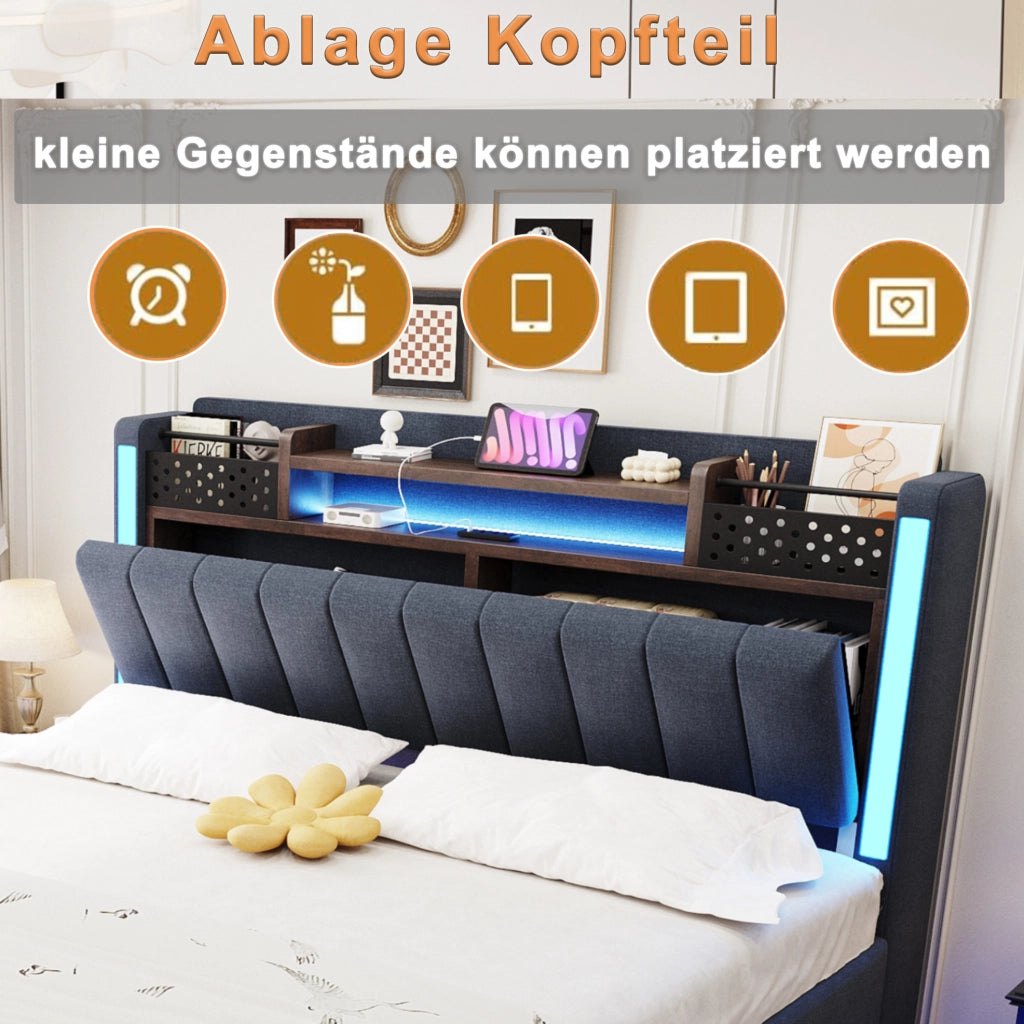 Letto matrimoniale imbottito 140x200 cm con LED; porta USB e contenitore; grigio
