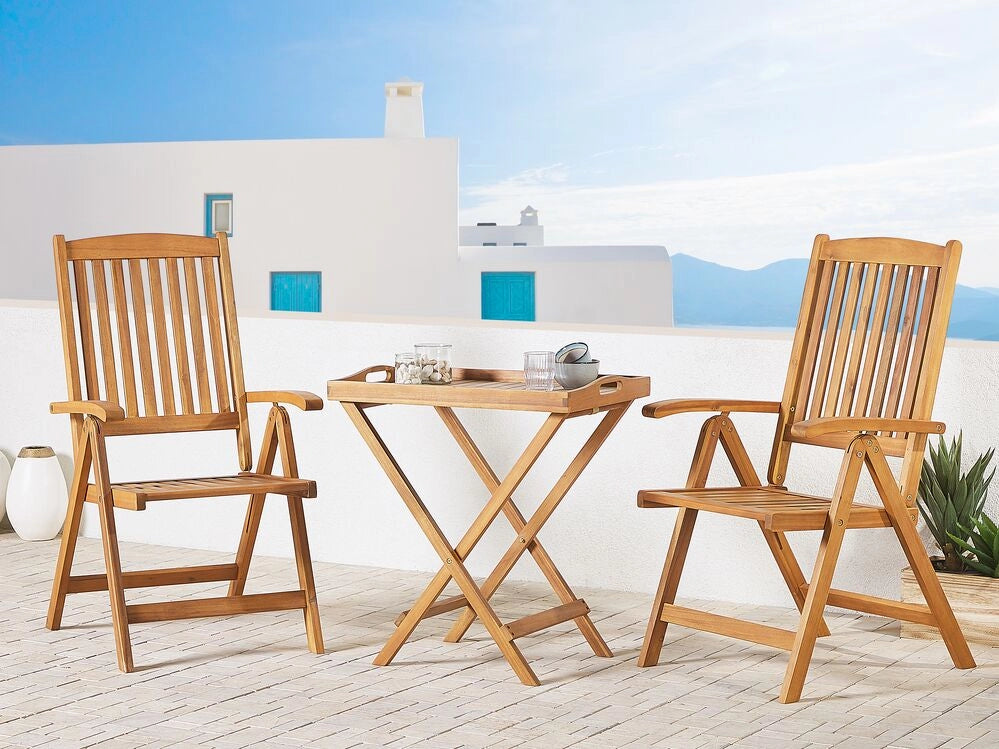 Set da bistrot da giardino Tavolo in legno di acacia chiaro 2 sedie Vassoio piano pieghevole resistente ai raggi UV