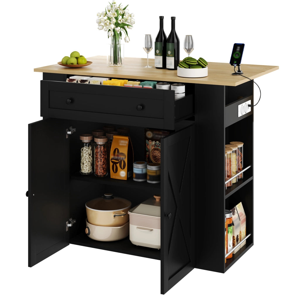 Isola da cucina con piano ribaltabile; presa 2 AC e 2 USB; MDF; 120 x 75 x 97 cm; nera