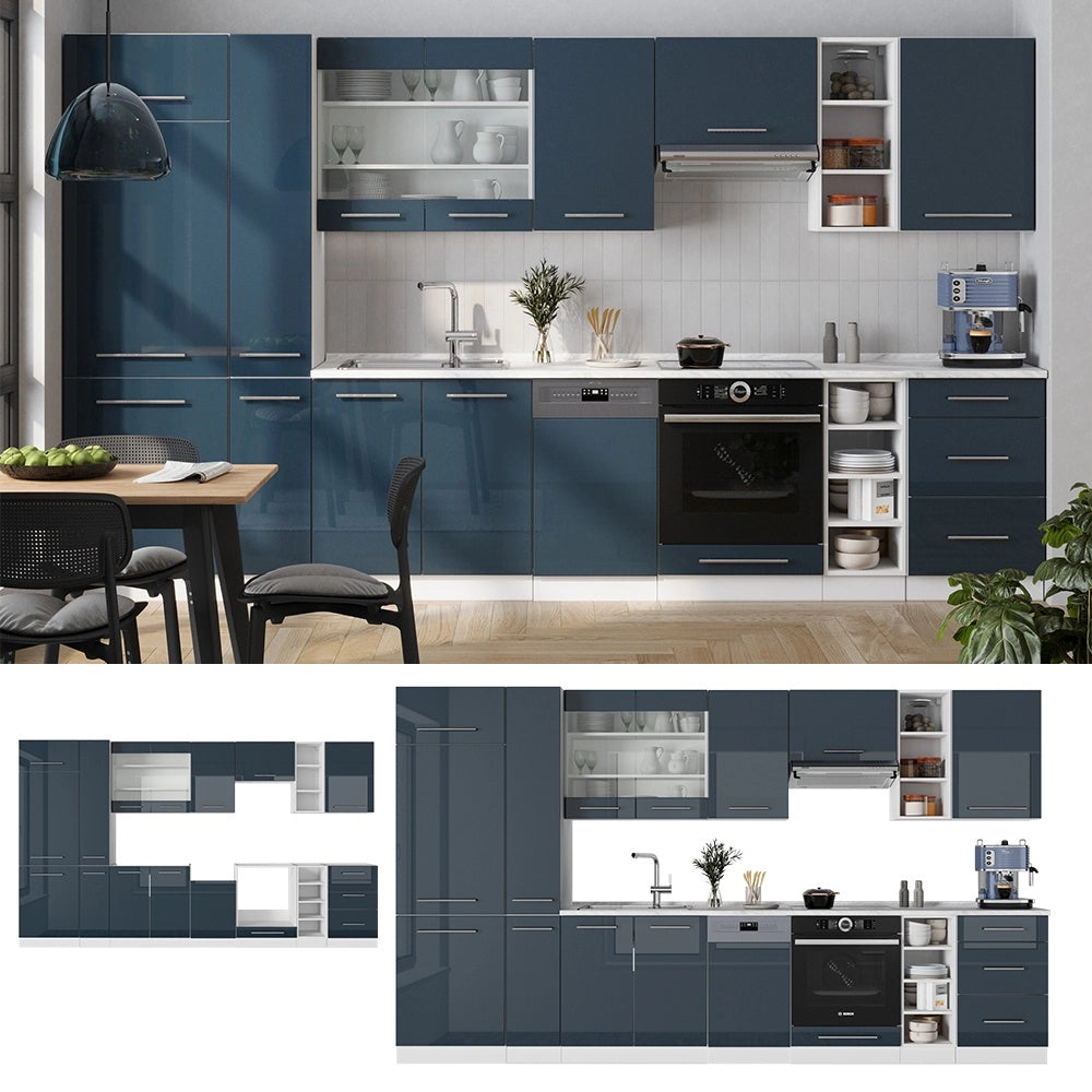 Cucina componibile Fame-Line Blu scuro lucido/Bianco 355 cm, PL Rovere Vicco