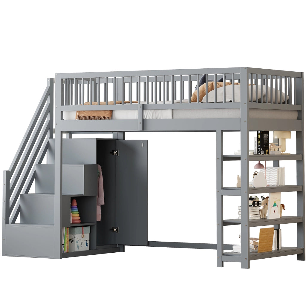 Letto a soppalco 90 x 200 cm in legno massello grigio con armadi; ripiani e scala di sicurezza