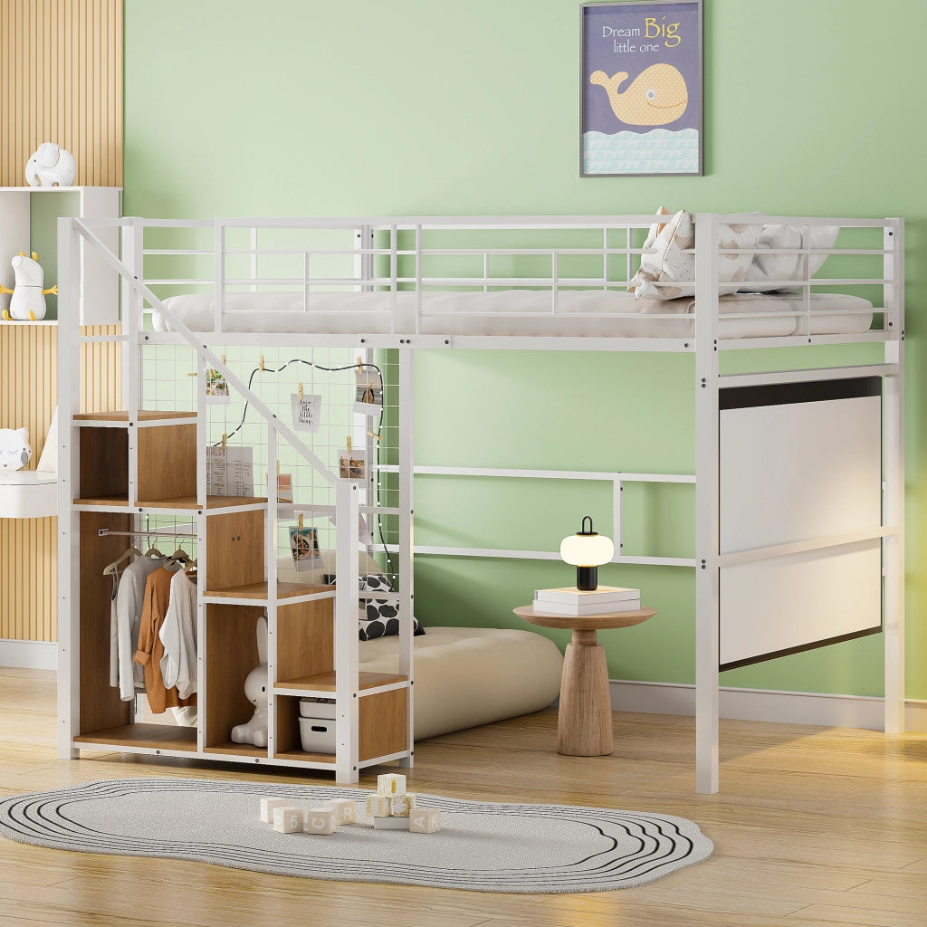 Letto a castello bianco con scala di sicurezza funzione contenitiva in metallo 140x200 cm