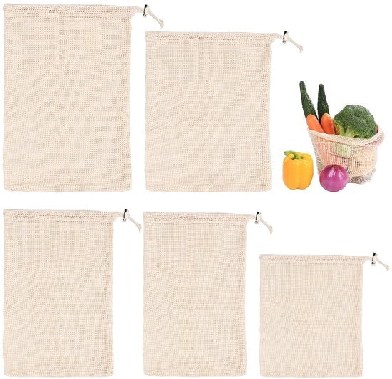 Set di sacchetti a rete per la cucina 5 pezzi - Sacchetti a rete in cotone - Rete per contenitore della cucina - Risparmia spazio - Permette la circolazione dell'aria - Dimensioni multiple 20x25/20x30/25x30/30x35/30x40 cm - Sacchetti a rete
