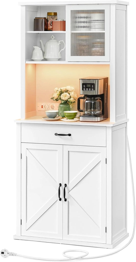 VASAGLE Credenza Cucina con Luce e Multipresa, Mobile Dispensa Cucina con Ante e Cassetto, 39,5 x 106,5 x 180,6 cm, con Ripiani Regolabili, Stile Farmhouse, Bianco Vintage e Marrone Miele BBK391W02