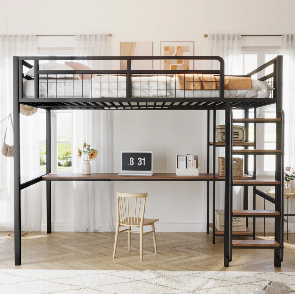 Letto a castello 140x200 cm con scrivania e ripiani; scala di sicurezza; metallo nero