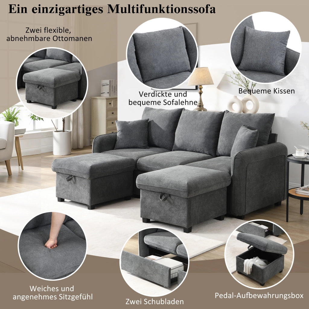 DIVANO ANGOLARE U-Forma 188x186x86 cm Grigio Scuro Set con 2 pouf