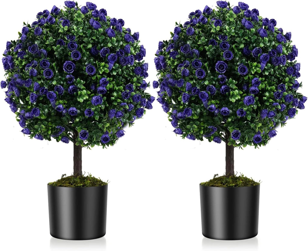 Set di 2 alberi di bosso con rose viola, piante artificiali in vaso con palline di cespugli di bosso, protezione solare, piante ornamentali per ingresso, soggiorno, balcone