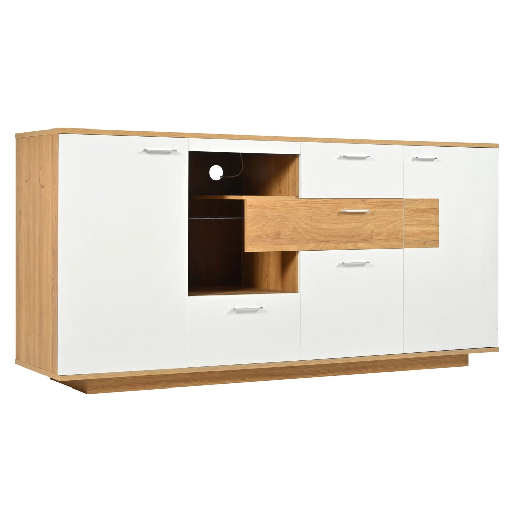 Credenza con 2 ante 4 cassetti LED e ripiani regolabili per soggiorno, in MDF, bianco e legno, 160 × 40 × 77 cm