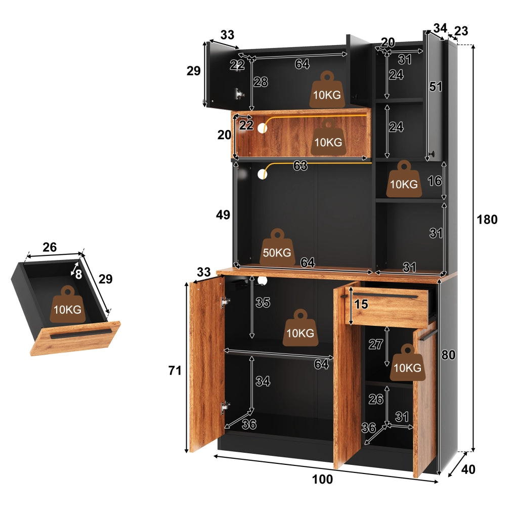 Mobile dispensa con LED RGB e prese integrate ripiani regolabili MDF 100 × 40 × 180 cm