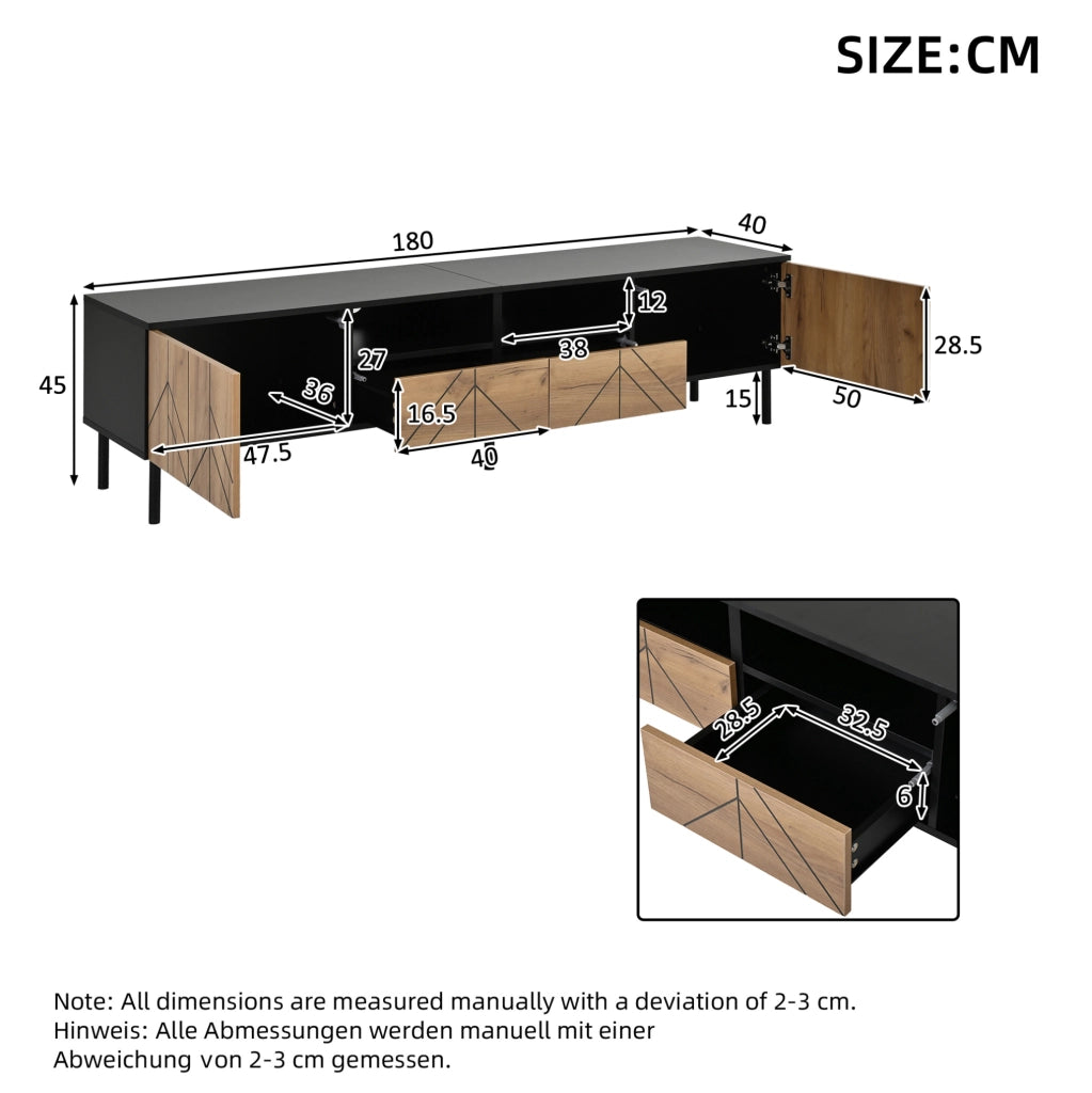 Mobile TV 180x40x45 cm con 2 cassetti e 2 ante in truciolare nero e naturale