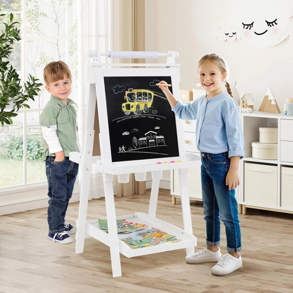 Lavagna per Bambini 3 in 1, Lavagna Magnetica con Lavagna Bifacciale, Rotolo di Carta, Vassoi Portaoggetti e 3 Bicchieri per Pittura, Cavalletto in Legno per Bambini 3+ Anni (Bianco)