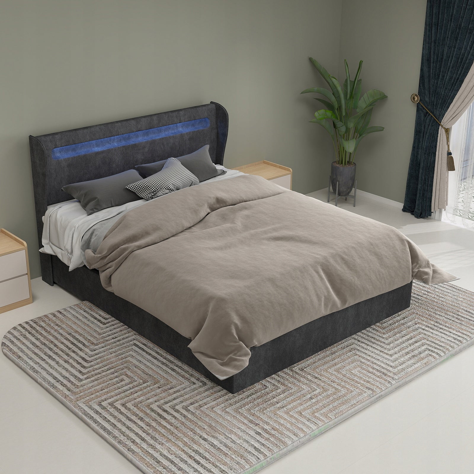 Letto imbottito 140x200 - Xylo - Grigio con LED e struttura sollevabile