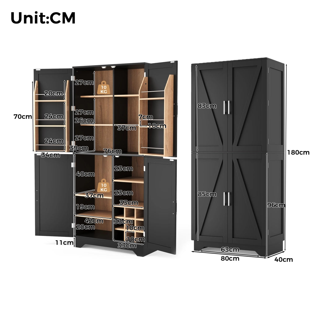 Credenza alta con 4 ante stile barn door, portabottiglie e vani aperti, 80 x 40 x 180 cm