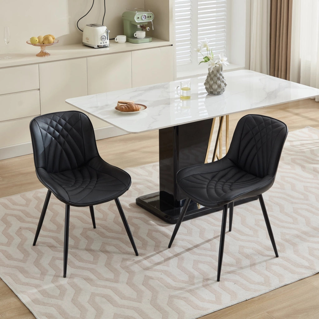 Sedia da pranzo, set da 2, ecopelle, motivo trapuntato 3D, gambe in metallo, nero
