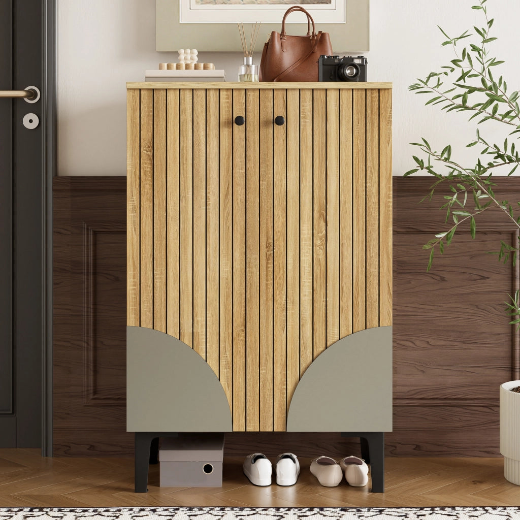 Mobile Scarpiera con 2 Ante e Ripiani; Gambe in Metallo Nero; Stile Moderno; Ingresso; in MDF; Naturale; 60×32×94 cm