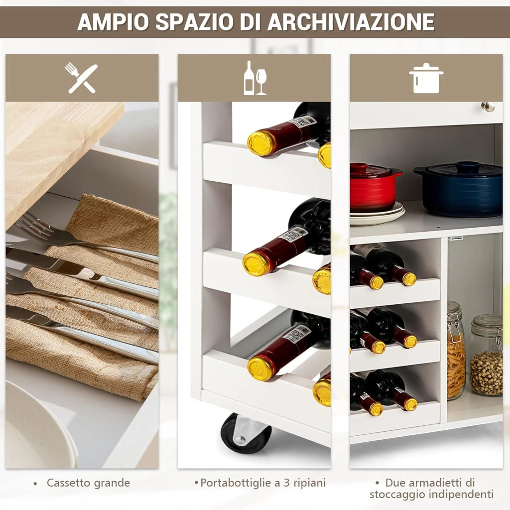 Carrello da Cucina, con Portabottiglie Tre Ante e Ruote, Credenza Cucina in Legno di Pino e MDF, Ideale per Soggiorno, 67 x 37 x 86 cm (Bianco)