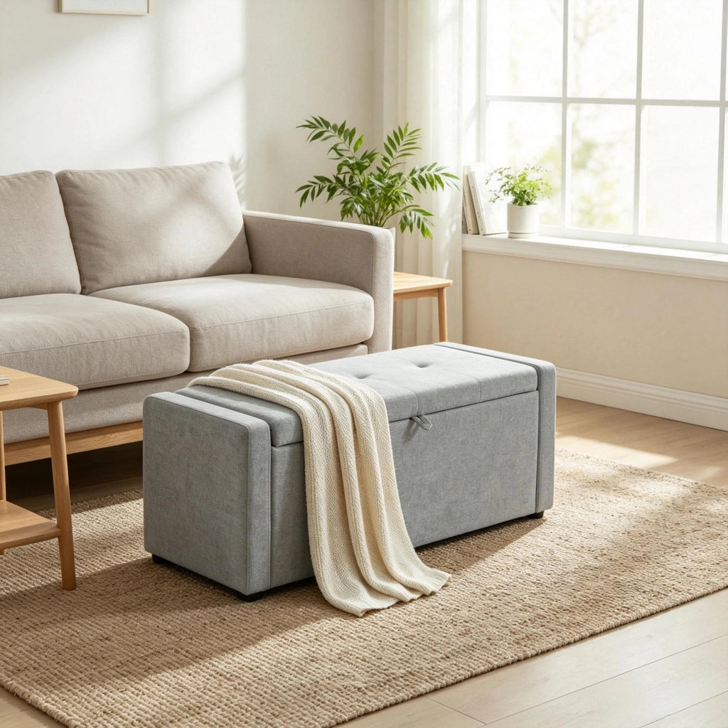 Panca contenitore con vano portaoggetti, seduta larga 122 cm e rivestimento in lino, per camera da letto, grigio chiaro