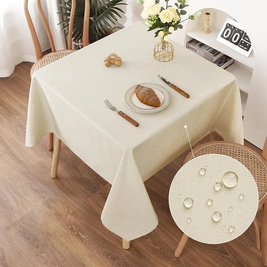 Tavolo Coperto in Beige, 140x140cm, Finestra di Lino con Effetto Lotus, Impermeabile e Resistente alle Macchie, Ideale per Salotto, Cucina, Terrazza, Giardino