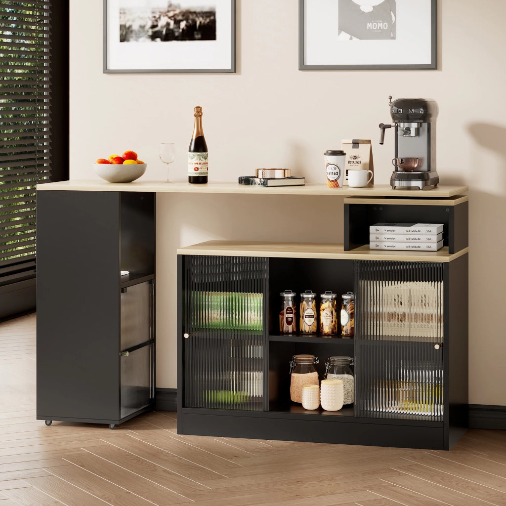 Tavolo bar allungabile nero con contenitore, mobile a 360° in MDF e vetro, salvaspazio