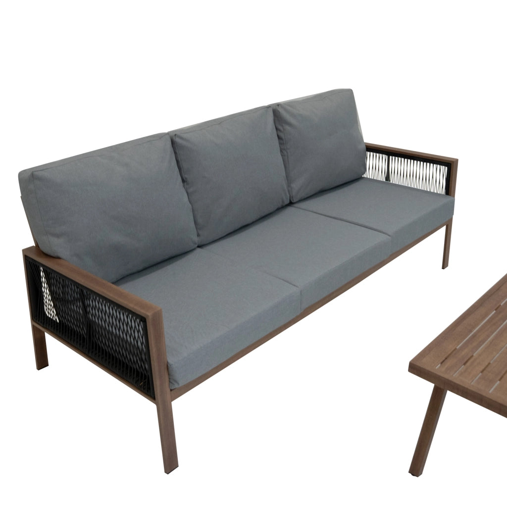 Set Mobili da Esterno 4 Pezzi in Alluminio Divano Tavolino Poltrone Effetto Legno