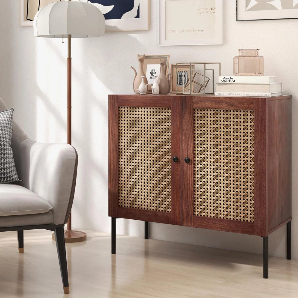 Credenza, credenza, credenza, credenza da cucina, con 2 ante e scomparti regolabili, armadietto a buffet, in legno e rattan, 80 cm x 40 cm x 80 cm (marrone)