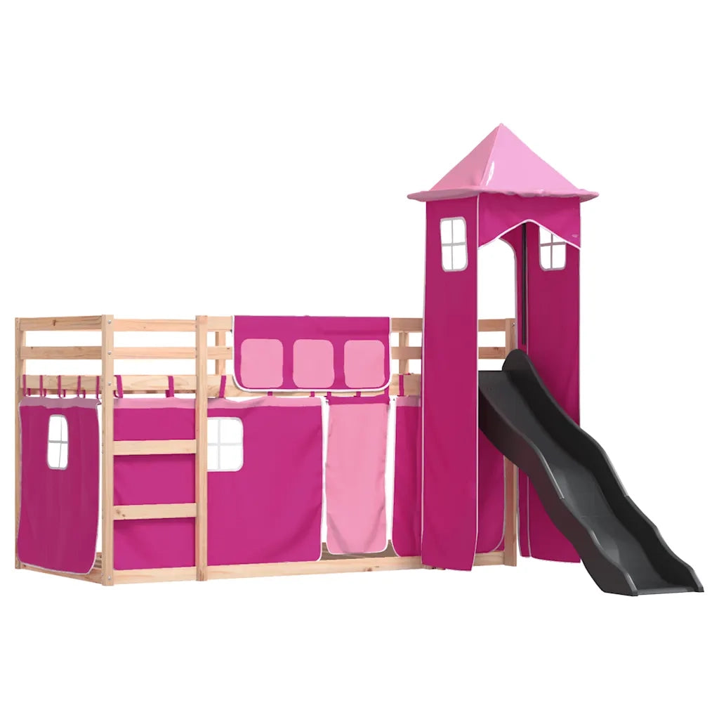 Letto singolo | Letto per adulti | Letto a Castello con Scivolo e Tende Rosa 80x200 cm