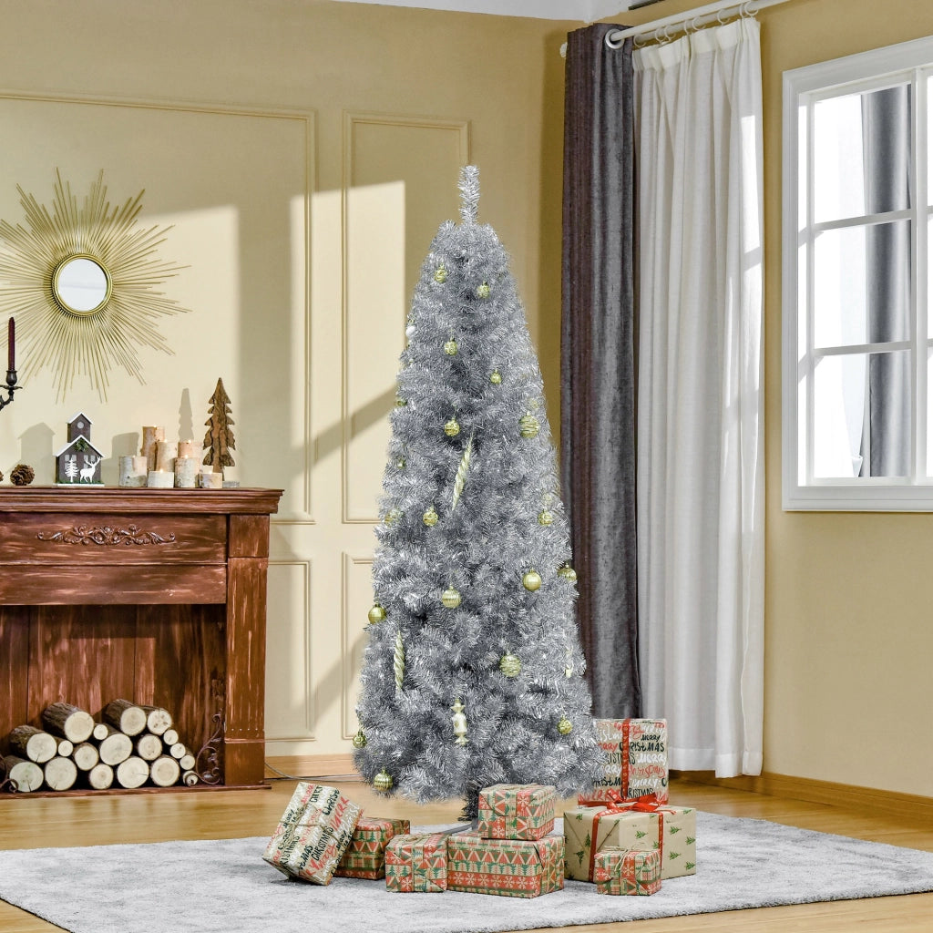 Easycomfort Albero di Natale Artificiale Alto 180cm con 618 Rami, Albero di Natale Slim con Base Rimovibile, in PET e Acciaio, Argento
